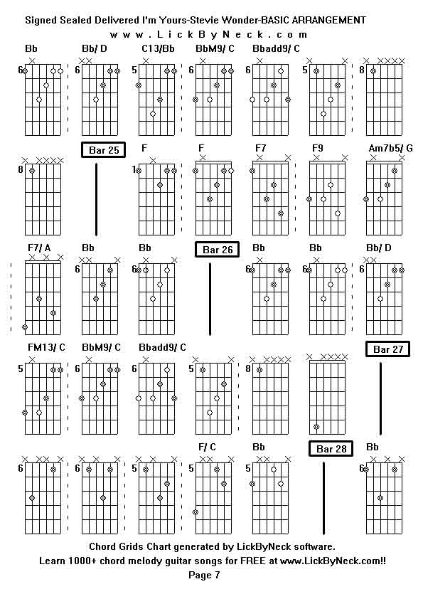 Chord Grids Chart of chord melody fingerstyle guitar song-Signed Sealed Delivered I'm Yours-Stevie Wonder-BASIC ARRANGEMENT,generated by LickByNeck software.